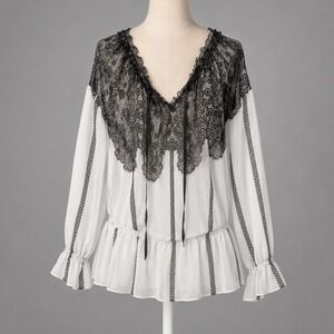 Floral‎ Lace Print Long Sleeve Peasant Top Size 8 Black White Whimsigoth Regency